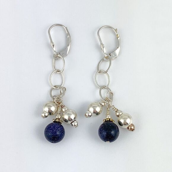 Vintage Estate Sterling Silver Blue Lapis Lazuli Bead Dangle Latch Back Earrings - Picture 1 of 9